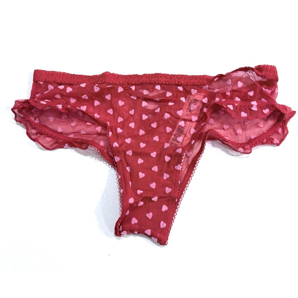 Victoria's Secret Tease Cheeky Panty Womens S Pink Hearts Back Lace Red Ruffle